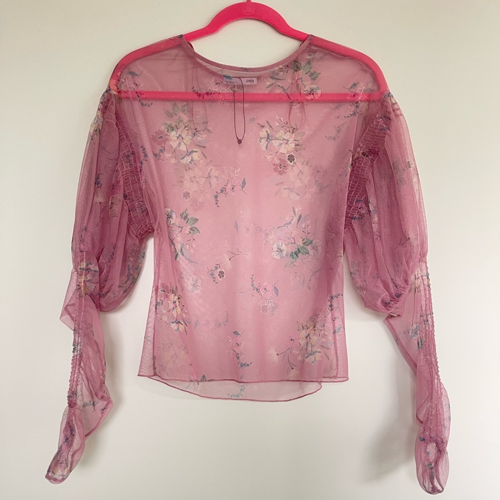 Zara Pink Floral Sheer Puff-Sleeve Blouse